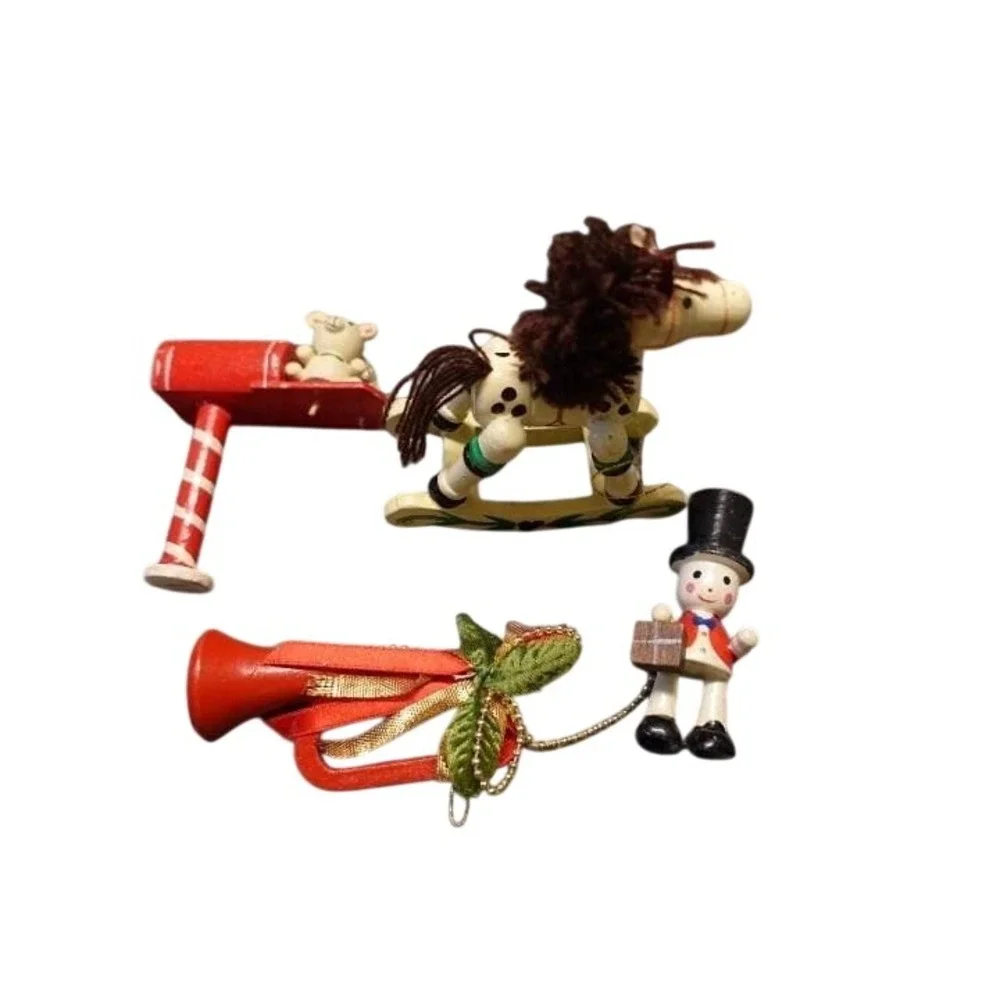 vintage wood Christmas ornaments set of 4 trumpet‎ rocking horse nutcracker mail